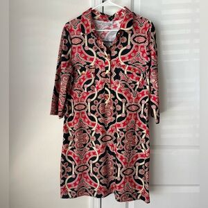 Jude Connally Women's Tunic Shift Dress XL Red Paisley 3/4 Length Sleeve